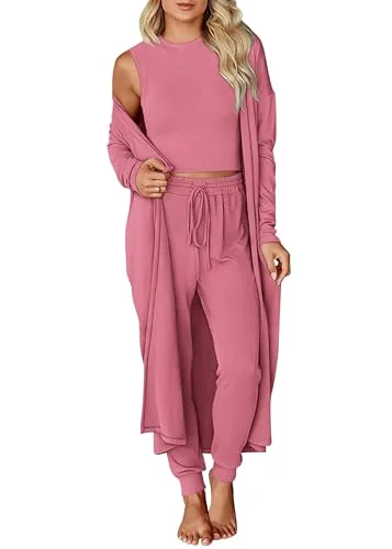 KIRUNDO 3-Piece Cardigan Lounge Set in Dusty Pink