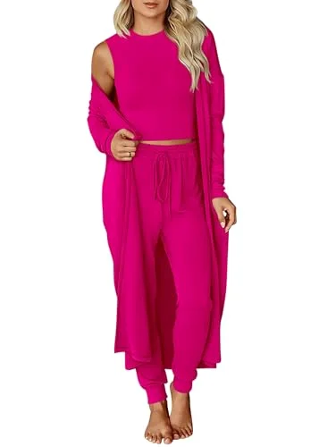 KIRUNDO 3-Piece Cardigan Lounge Set in Rose Red