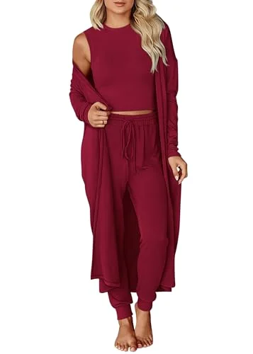 KIRUNDO 3-Piece Cardigan Lounge Set in Wine Red
