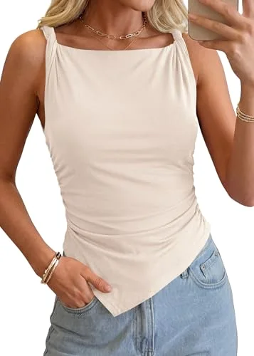 KIRUNDO Asymmetrical Sleeveless Blouse in Beige