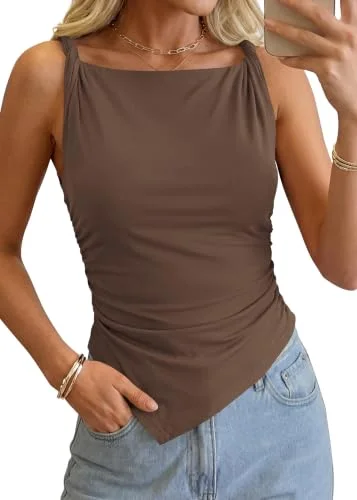 KIRUNDO Asymmetrical Sleeveless Blouse in Brown