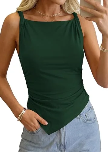 KIRUNDO Asymmetrical Sleeveless Blouse in Dark Green