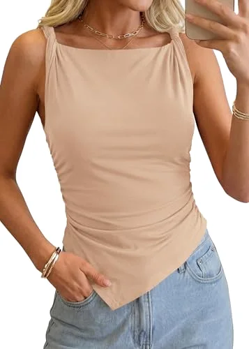 KIRUNDO Asymmetrical Sleeveless Blouse in Khaki
