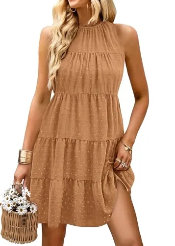KIRUNDO Babydoll Halter Dress in Khaki Dot