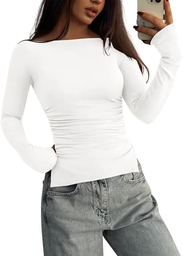 KIRUNDO Boat Neck Long Sleeve Top in White