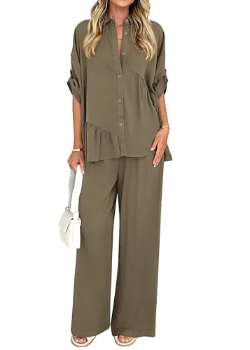 KIRUNDO Button-Down Shirt and Pant Set in Army Green