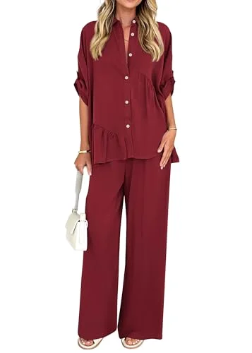 KIRUNDO Button-Down Shirt and Pant Set in Burgundy