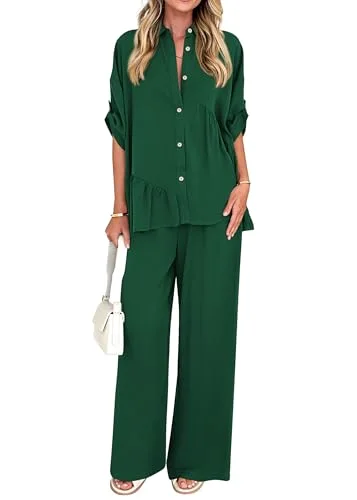 KIRUNDO Button-Down Shirt and Pant Set in Dark Green