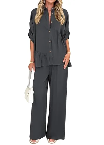 KIRUNDO Button-Down Shirt and Pant Set in Dark Grey