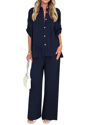 KIRUNDO Button-Down Shirt and Pant Set in Navy Blue