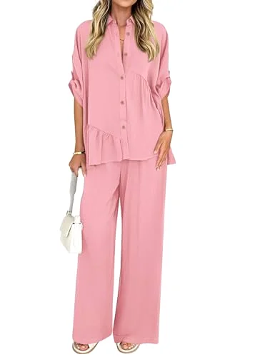 KIRUNDO Button-Down Shirt and Pant Set in Pink
