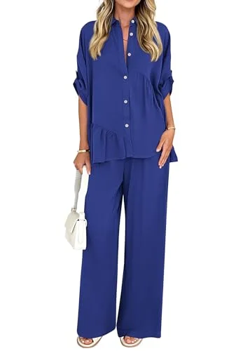KIRUNDO Button-Down Shirt and Pant Set in Royal Blue