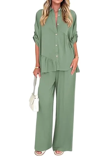 KIRUNDO Button-Down Shirt and Pant Set in Sage Green