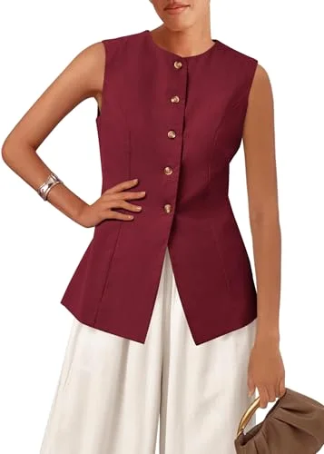 KIRUNDO Button-Front Vest Top in Burgundy