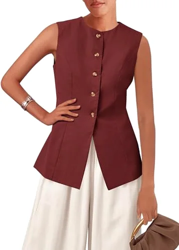 KIRUNDO Button-Front Vest Top in Red Brown