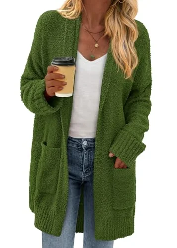 KIRUNDO Chunky Fuzzy Cardigan in Army Green