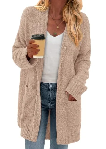 KIRUNDO Chunky Fuzzy Cardigan in Khaki