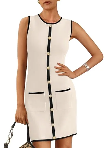 KIRUNDO Contrast Trim Sleeveless Work Dress in Beige