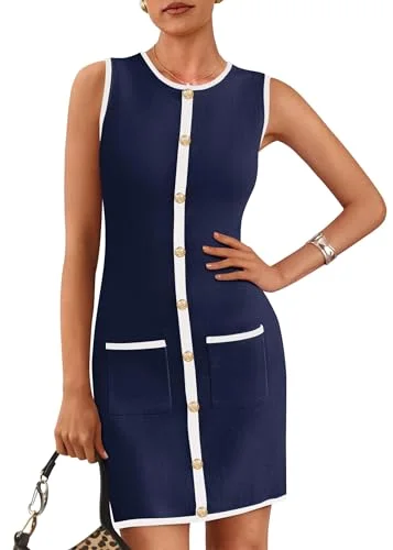 KIRUNDO Contrast Trim Sleeveless Work Dress in Navy Blue