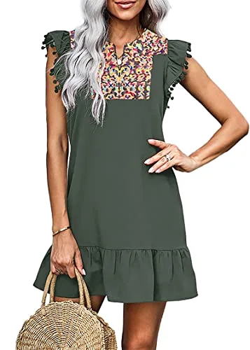 KIRUNDO Embroidered Boho Mini Dress in Army Green