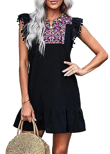 KIRUNDO Embroidered Boho Mini Dress in Black