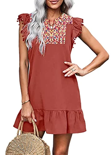 KIRUNDO Embroidered Boho Mini Dress in Brick Red