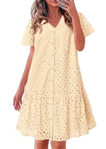 KIRUNDO Eyelet Babydoll Button-Down Mini Dress in Beige