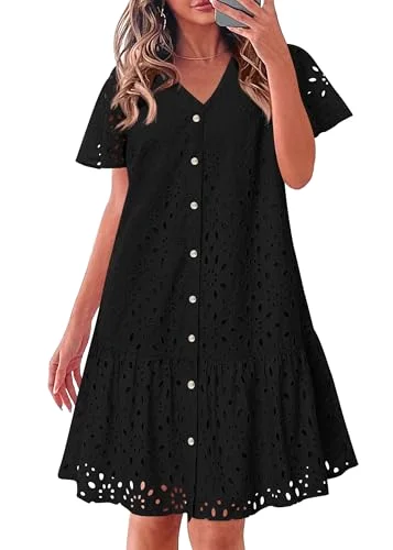 KIRUNDO Eyelet Babydoll Button-Down Mini Dress in Black