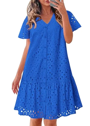 KIRUNDO Eyelet Babydoll Button-Down Mini Dress in Blue