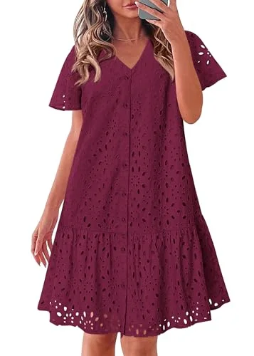 KIRUNDO Eyelet Babydoll Button-Down Mini Dress in Burgundy