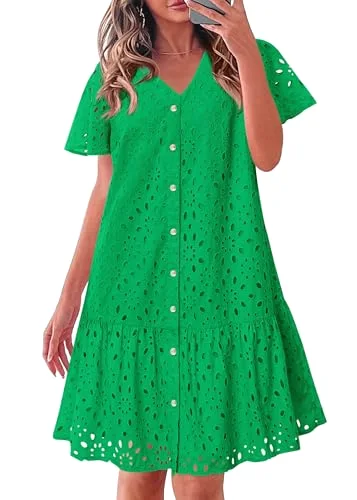 KIRUNDO Eyelet Babydoll Button-Down Mini Dress in Green