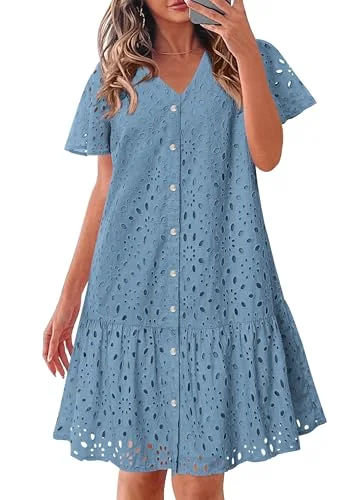 KIRUNDO Eyelet Babydoll Button-Down Mini Dress in Grey Blue