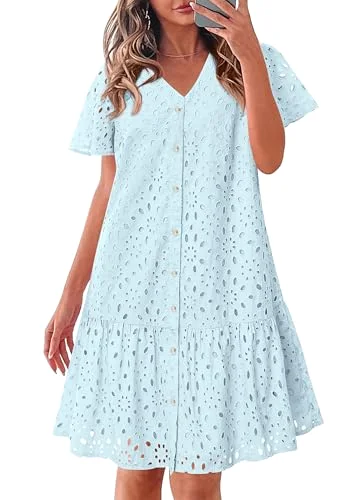 KIRUNDO Eyelet Babydoll Button-Down Mini Dress in Light Blue
