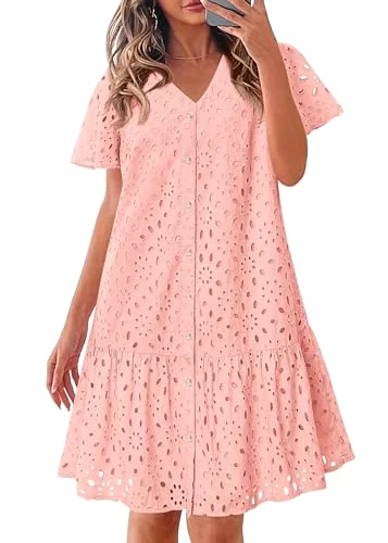 KIRUNDO Eyelet Babydoll Button-Down Mini Dress in Pink