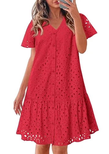 KIRUNDO Eyelet Babydoll Button-Down Mini Dress in Red