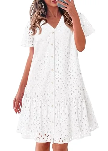 KIRUNDO Eyelet Babydoll Button-Down Mini Dress in White
