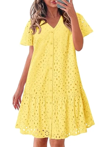 KIRUNDO Eyelet Babydoll Button-Down Mini Dress in Yellow