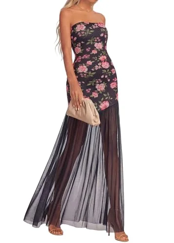 KIRUNDO Floral Bodice Tulle Maxi Dress in Black Pink Flower