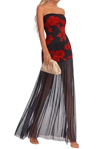 KIRUNDO Floral Bodice Tulle Maxi Dress in Black Red Flower
