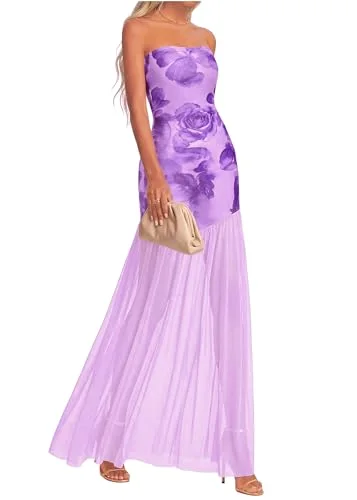 KIRUNDO Floral Bodice Tulle Maxi Dress in Purple Flower