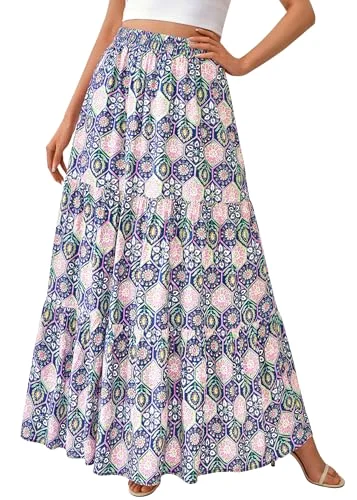 KIRUNDO Floral Boho Skirt in Blue Geometry