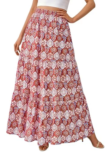 KIRUNDO Floral Boho Skirt in Wine Red Geometry