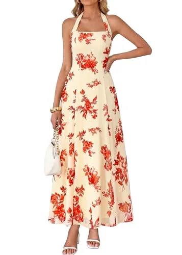 KIRUNDO Floral Halter Maxi Dress in Apricot