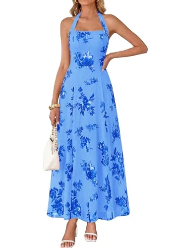 KIRUNDO Floral Halter Maxi Dress in Blue