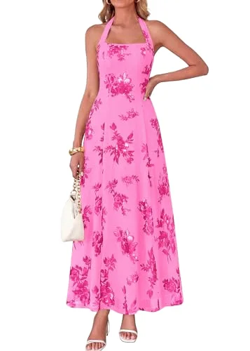 KIRUNDO Floral Halter Maxi Dress in Rose Red