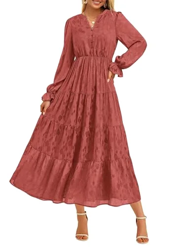 KIRUNDO Floral Ruffle Long Sleeve Maxi Dress in Bean Paste Red