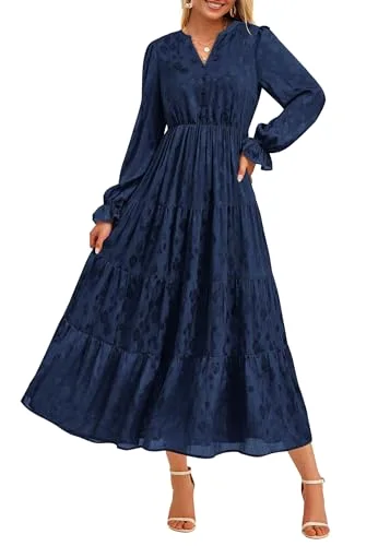 KIRUNDO Floral Ruffle Long Sleeve Maxi Dress in Dark Blue