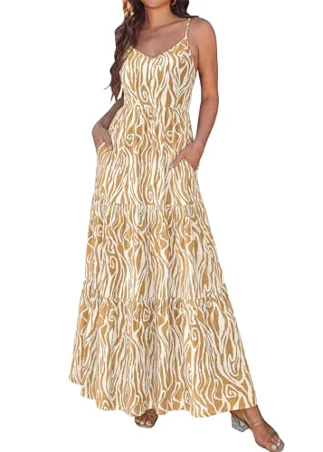 KIRUNDO Floral Spaghetti Strap Tiered Maxi Dress in Khaki