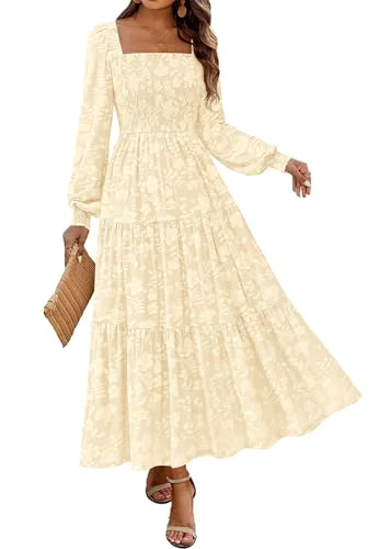 KIRUNDO Floral Square Neck Long Sleeve Maxi Dress in Apricot