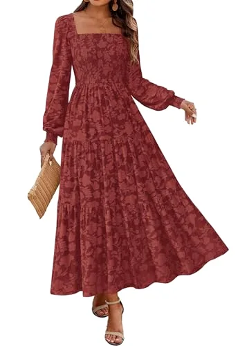 KIRUNDO Floral Square Neck Long Sleeve Maxi Dress in Brick Red